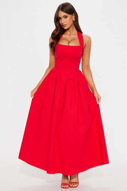 Phoebe Halter Midi Dress - Red
