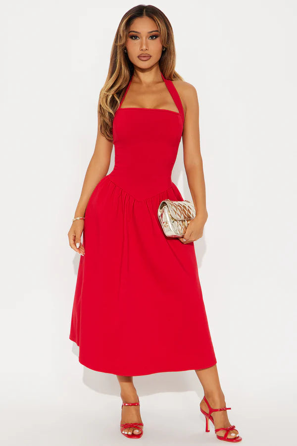 Phoebe Halter Midi Dress - Red