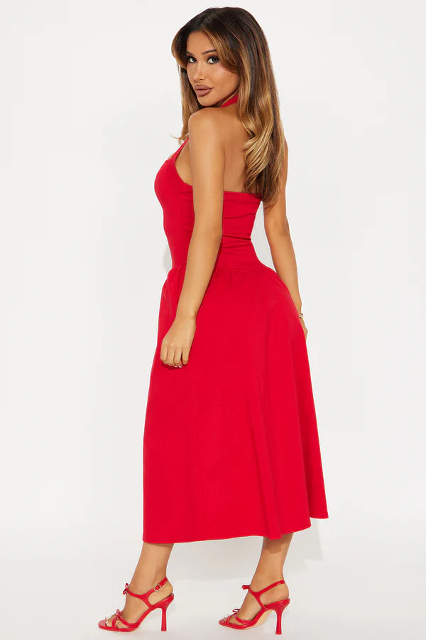 Phoebe Halter Midi Dress - Red